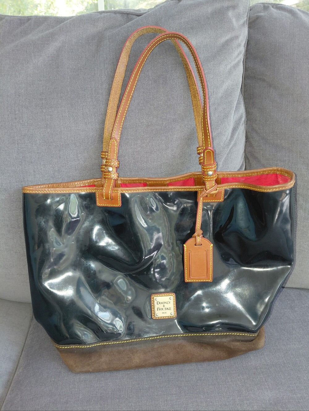 Dooney & Bourke Black Patent Tote with Brown Trim
